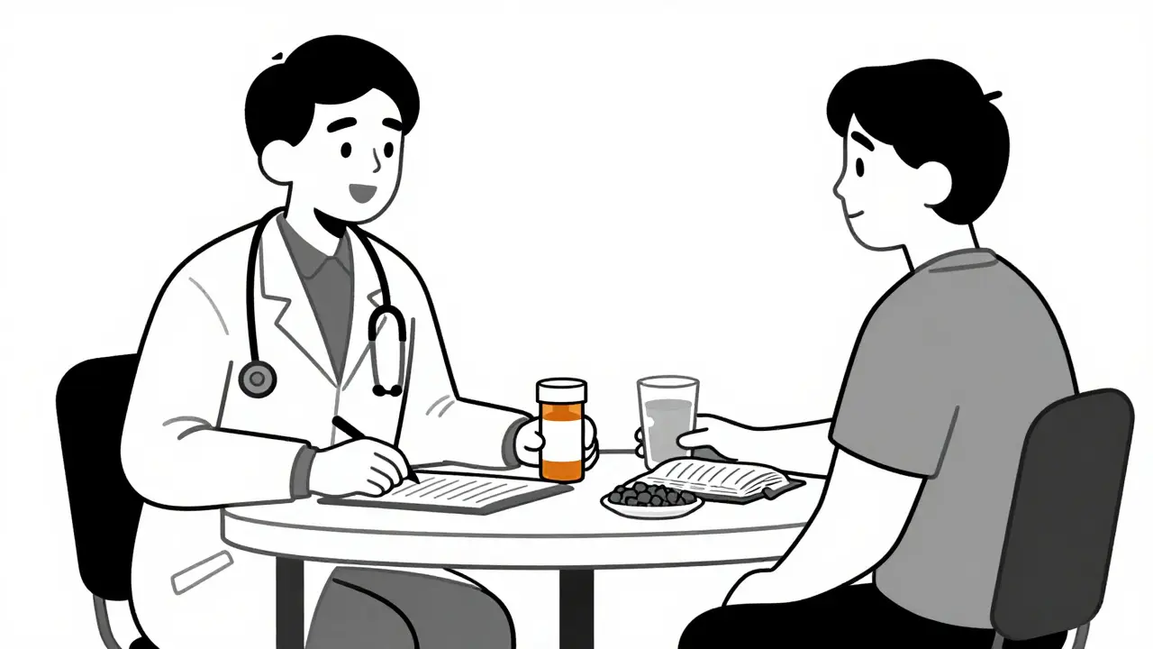 Patient and doctor discussing medication schedule for side effect prevention.
