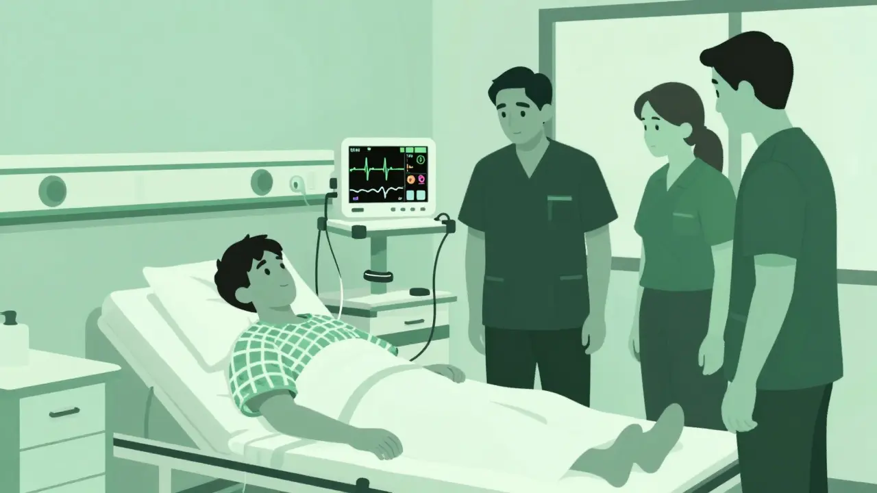 Patient in hospital bed connected to cardiac monitoring equipment.