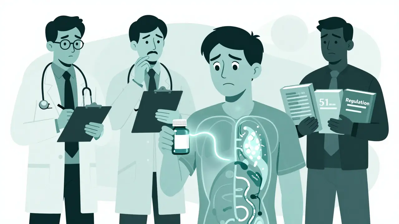 Patient puzzled by medication change, with doctor, pharmacist, and regulation figure behind them.