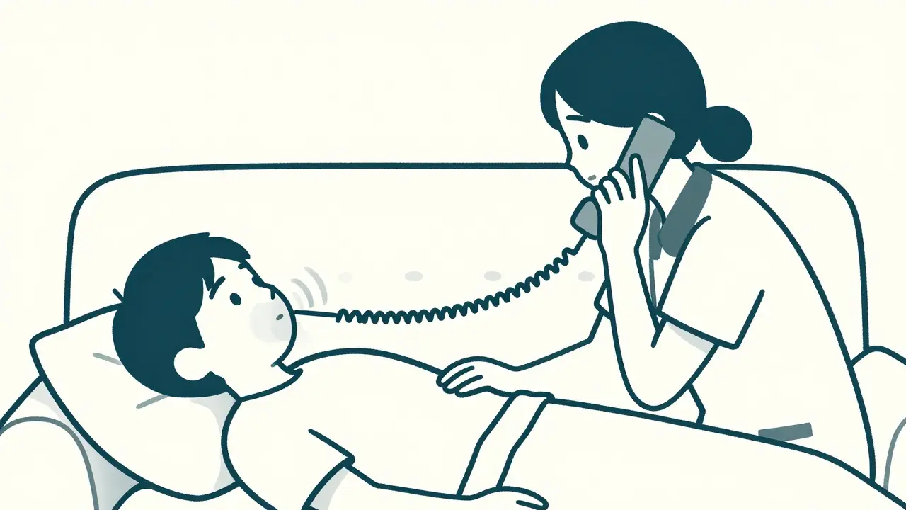 Person calling for help while monitoring unconscious patient breathing.
