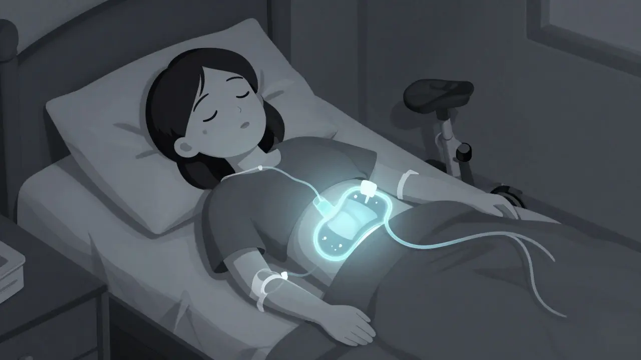 Person sleeping peacefully with peritoneal dialysis cycler machine beside bed.