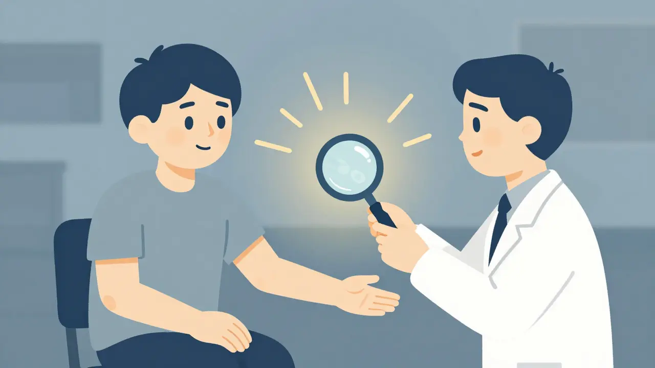 Provider examining patient arm skin test with magnifying glass.