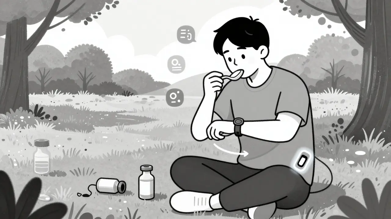 Someone enjoys lunch outdoors with an insulin pump and CGM icons nearby, while old insulin vials lie forgotten.