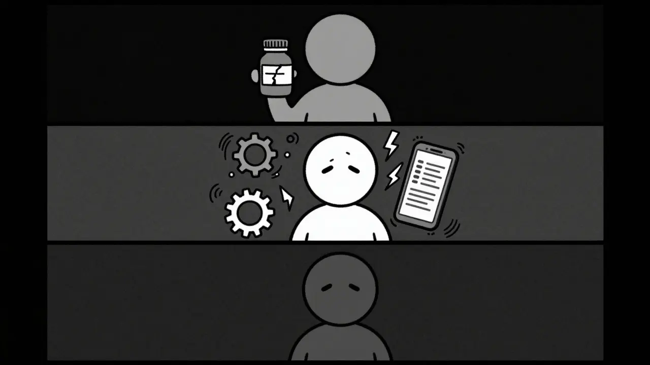 Three emotional stages of medication switch: hollow figure, anxiety symbols, and a fragile rebuilt self.