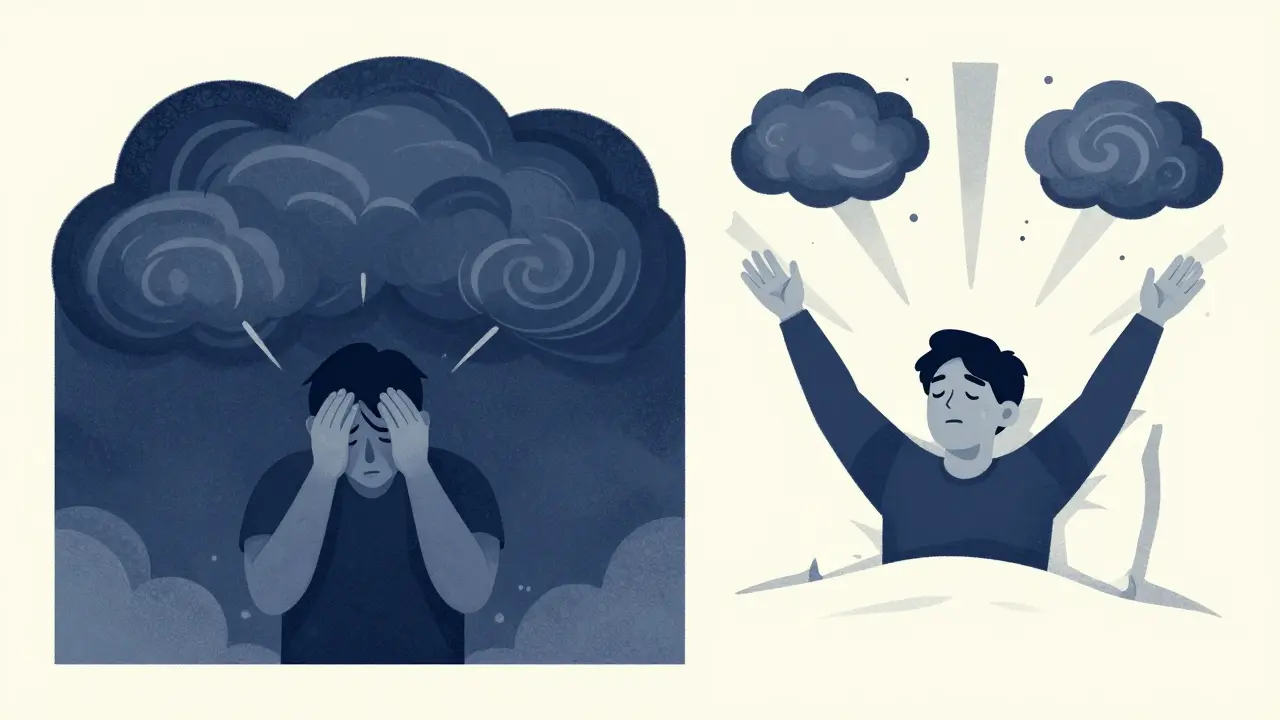 Comparison of a person feeling exhausted and anxious versus feeling refreshed and relieved