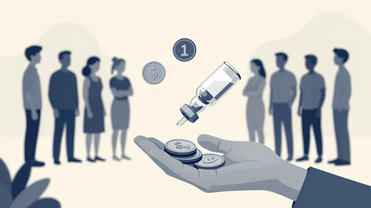 Conceptual illustration of affordable medication and patient access in duotone style.
