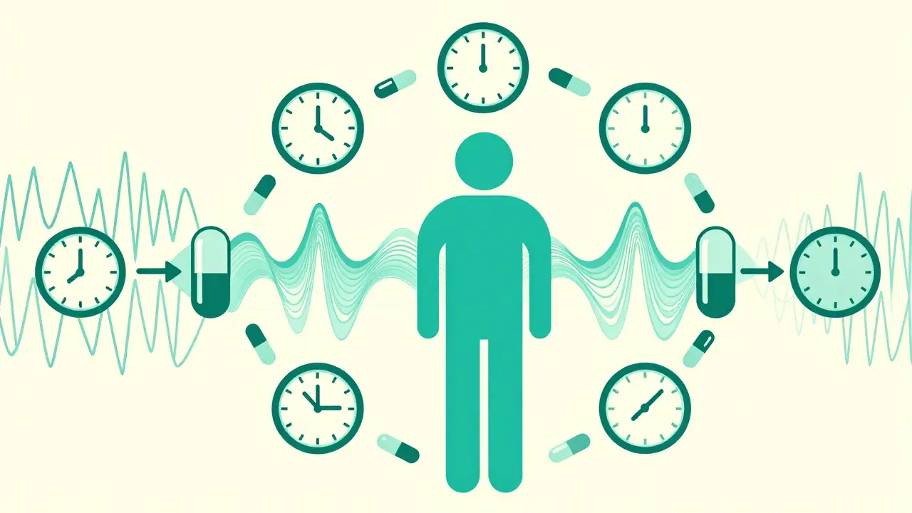 Conceptual illustration of multiple drug doses over time for a single subject in duotone style.