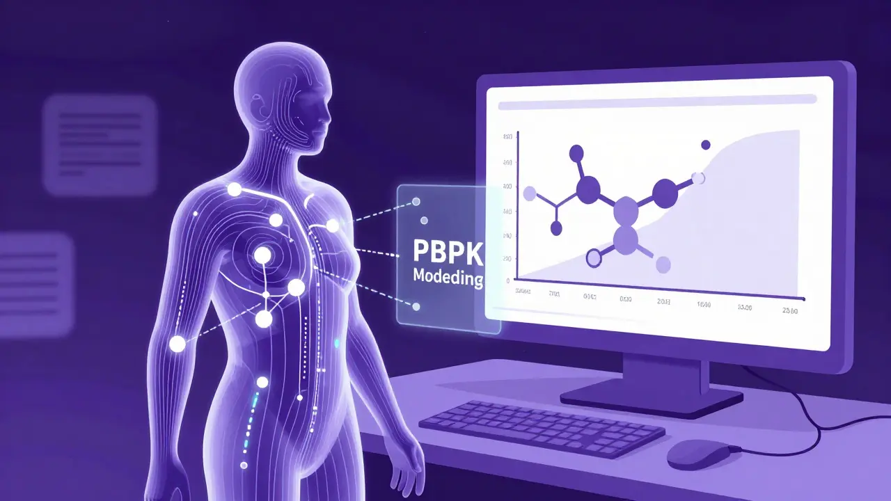 Digital silhouette of a human body showing holographic data streams for drug modeling.