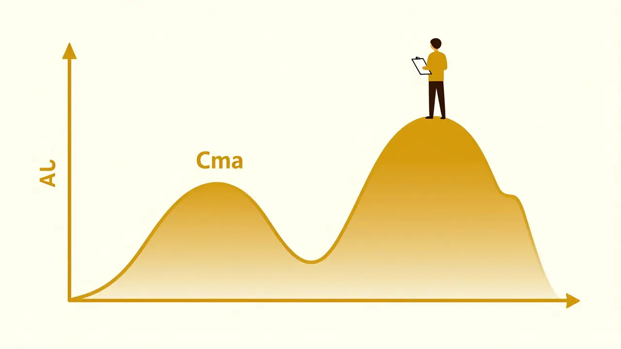 Illustrative graph showing drug plasma concentration peaks and area under the curve.
