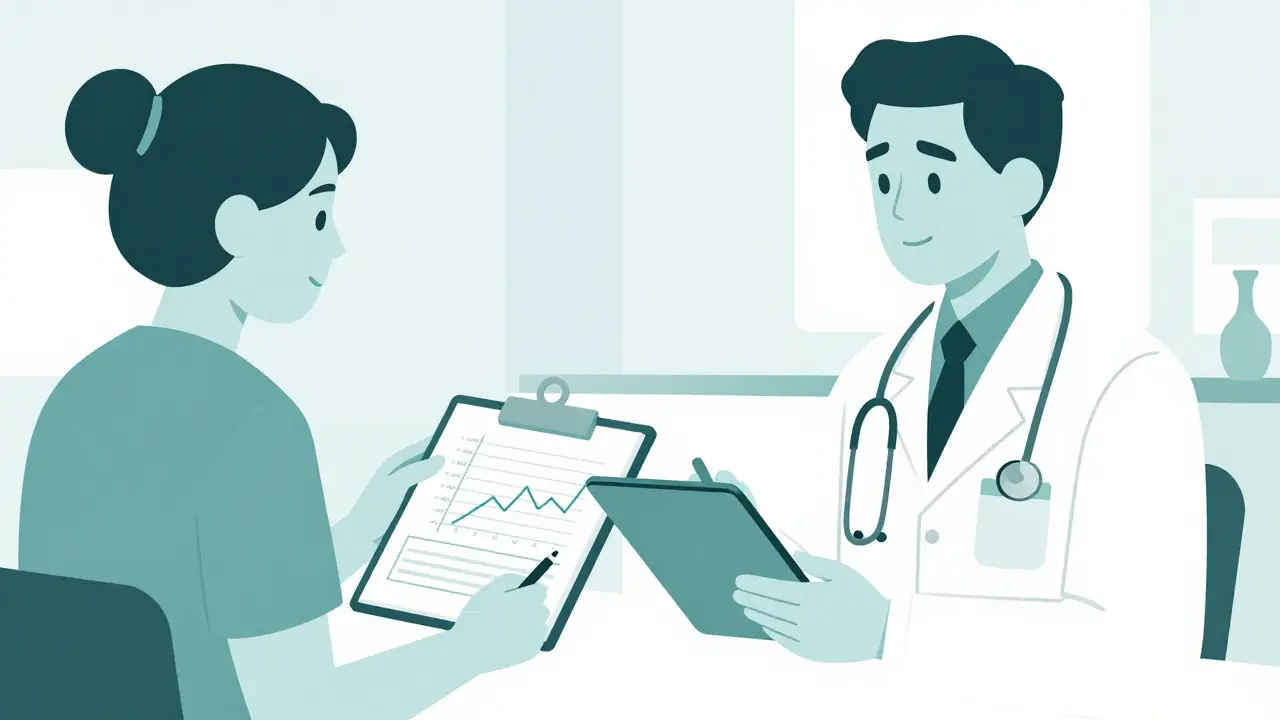 Patient showing a medication journal and data trends to a doctor