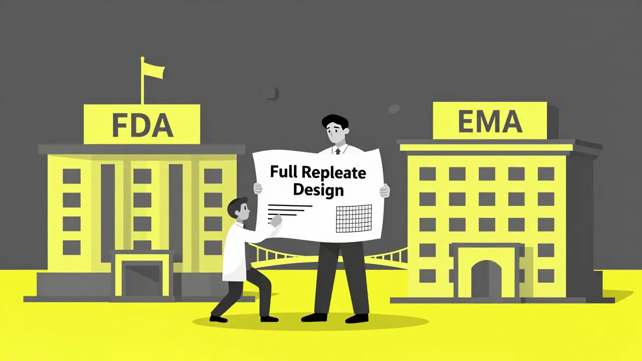 Researcher with a study blueprint bridging the FDA and EMA buildings in duotone style.