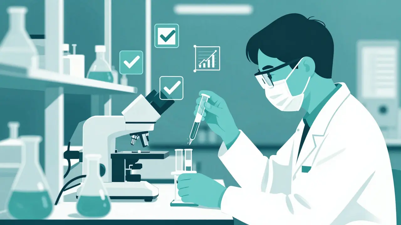 Scientist in a lab conducting rigorous analytical tests on biosimilars in duotone style.